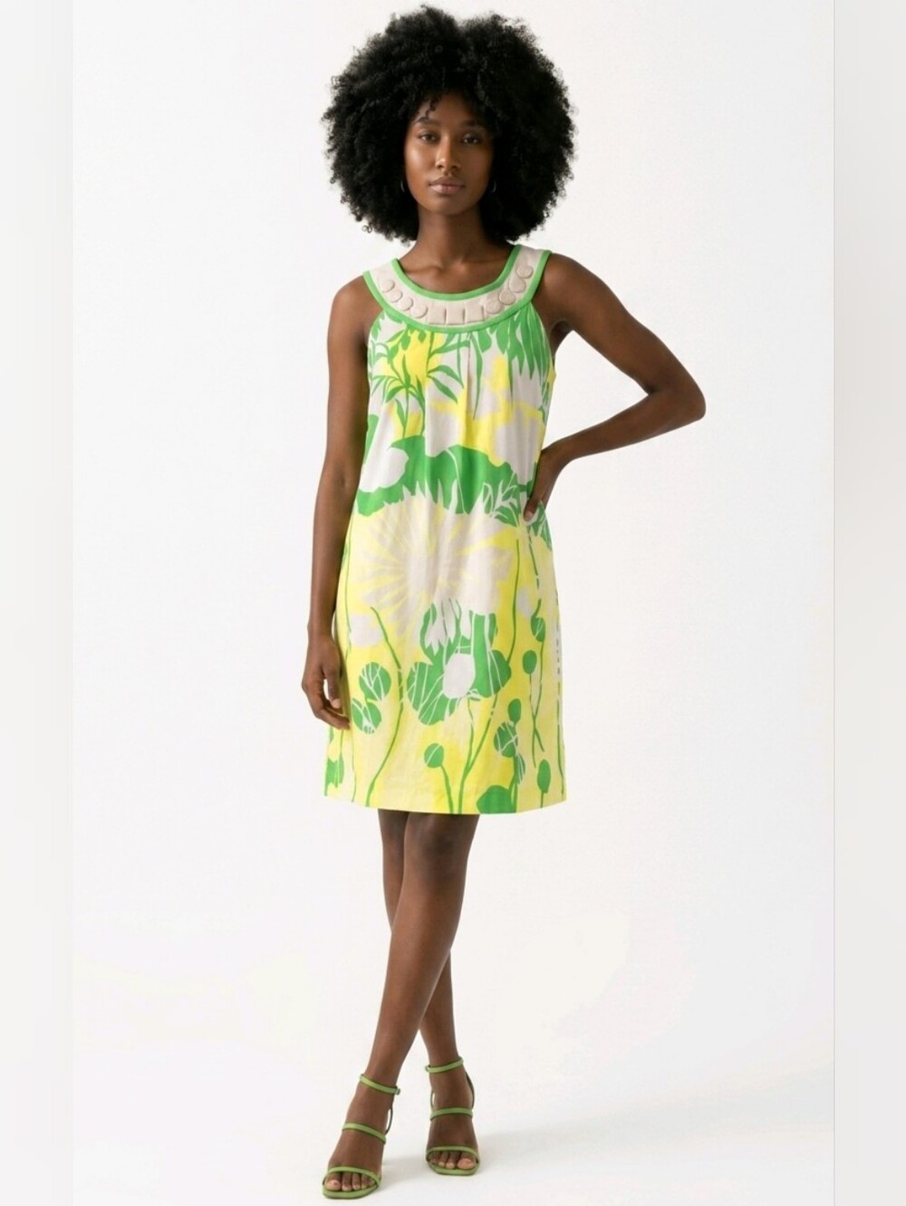 Tibi Green and Yellow Floral Sleeveless Shift Dress